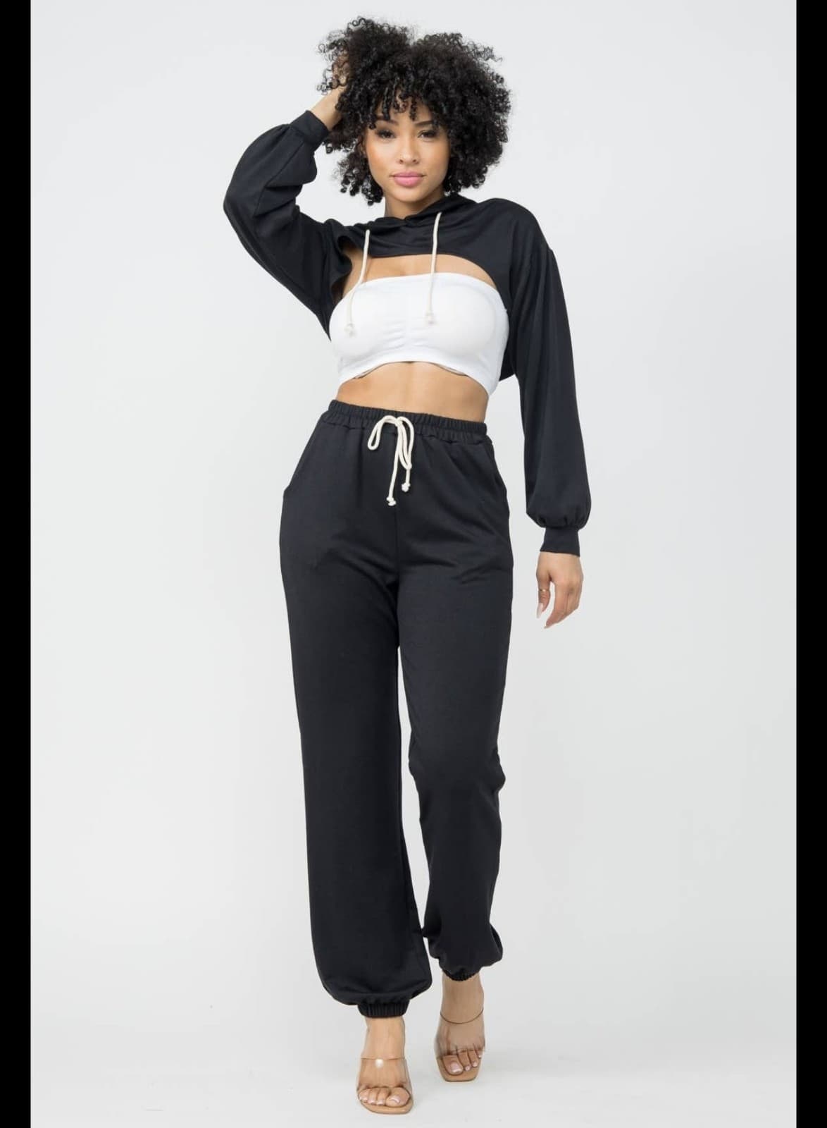 Julia By LoveJ Cropped Hoodie SweatSuit In Black - Thumbnail 2
