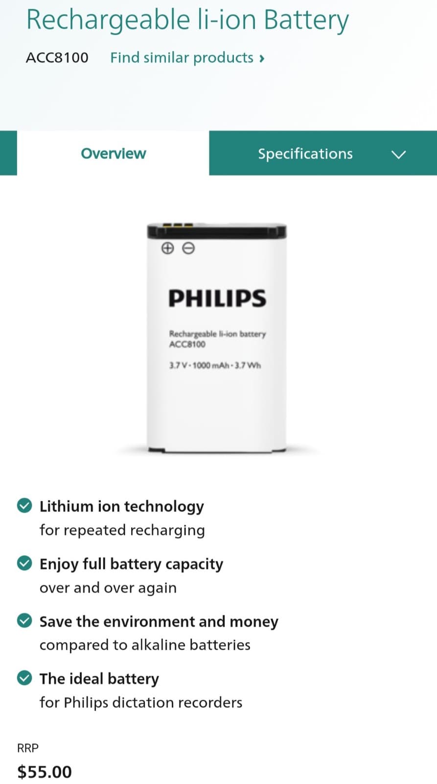 Philips Rechargable li-ion Battery ACC8100 for Dictation Recorder - Thumbnail 5