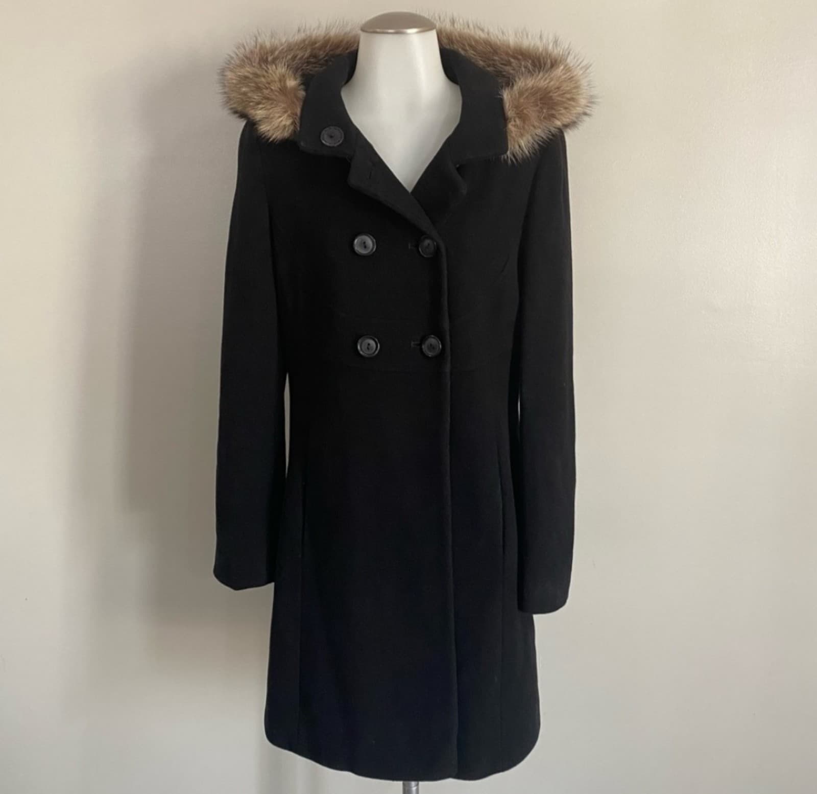 Via Spiga Double Breasted Knee Length Coat with Removable Fur Trimmed Hood Size - Thumbnail 2