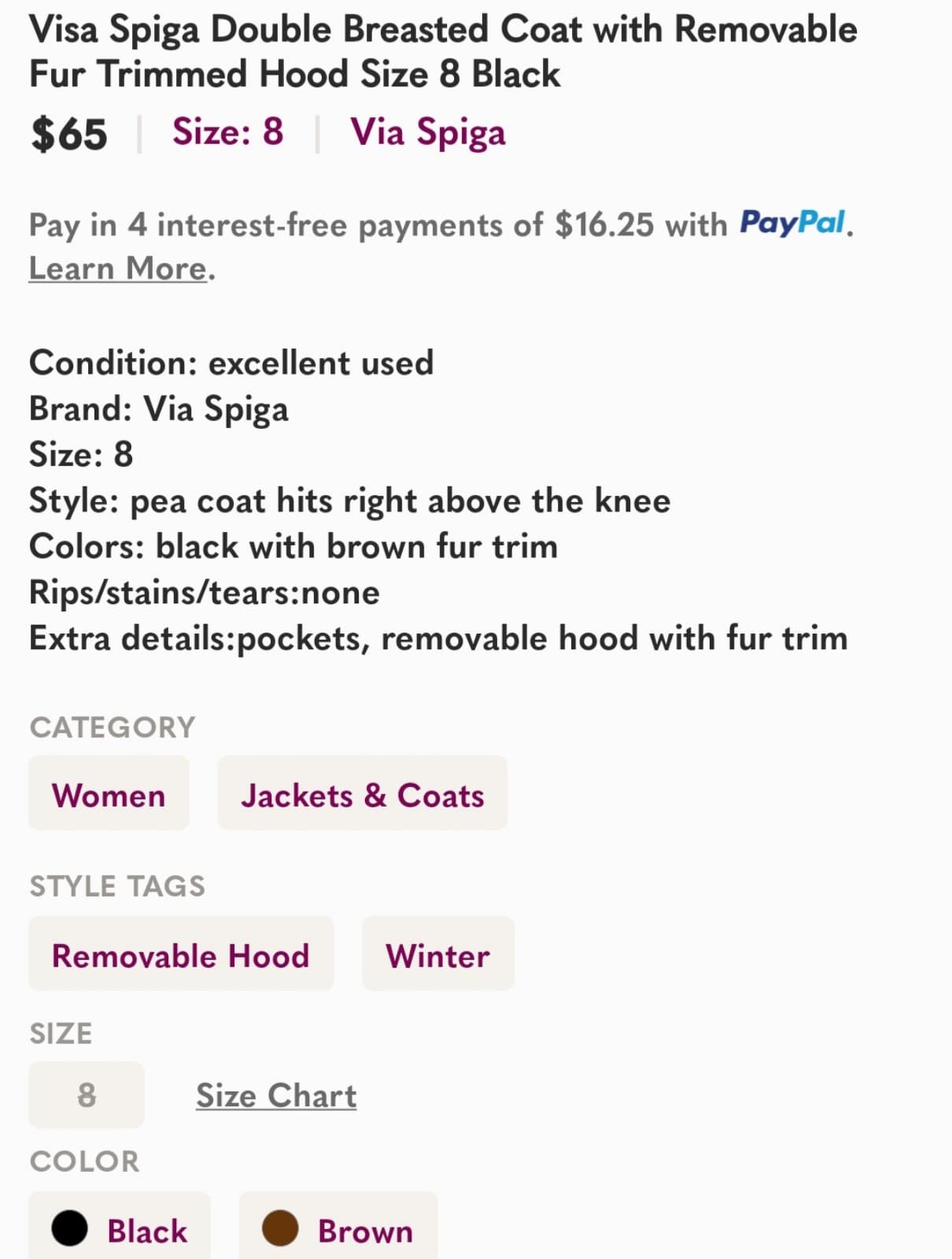 Via Spiga Double Breasted Knee Length Coat with Removable Fur Trimmed Hood Size - Thumbnail 8