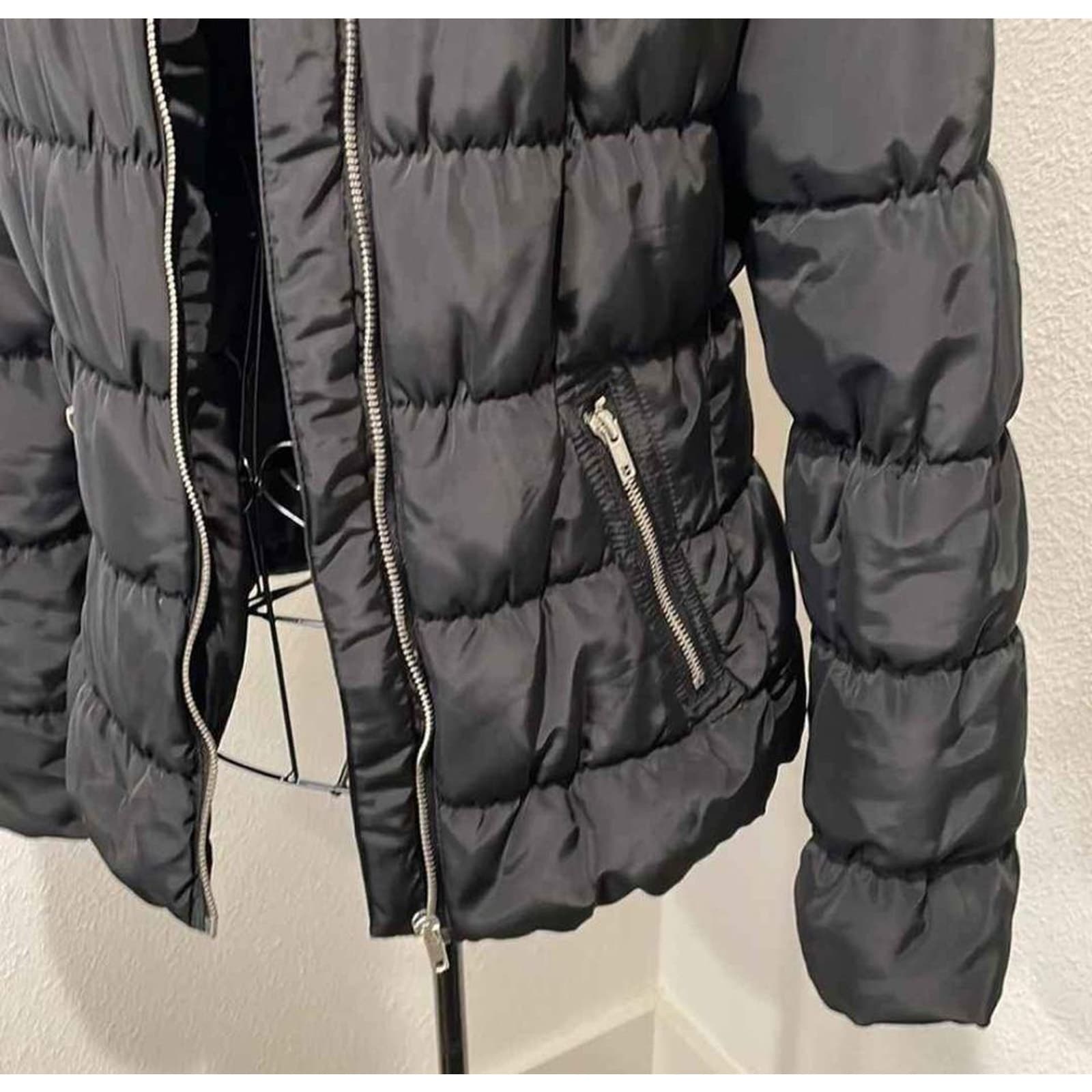 H&M Puffer Coat with Faux Fur Trim Hood in Black Size 8 - Thumbnail 6