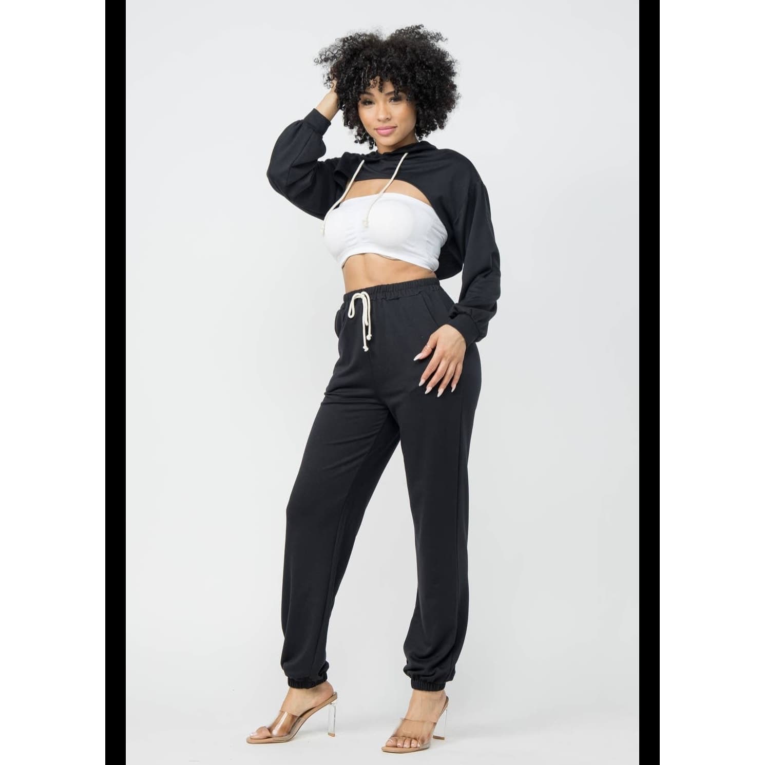 Dolls Kill Woman's Black Sweatpants with Crop Top Cut Out Hoodie - Size Medium - Thumbnail 2