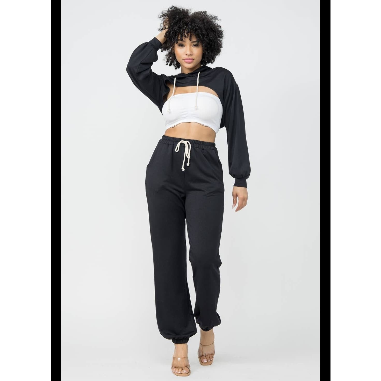 Dolls Kill Woman's Black Sweatpants with Crop Top Cut Out Hoodie - Size Medium - Thumbnail 3