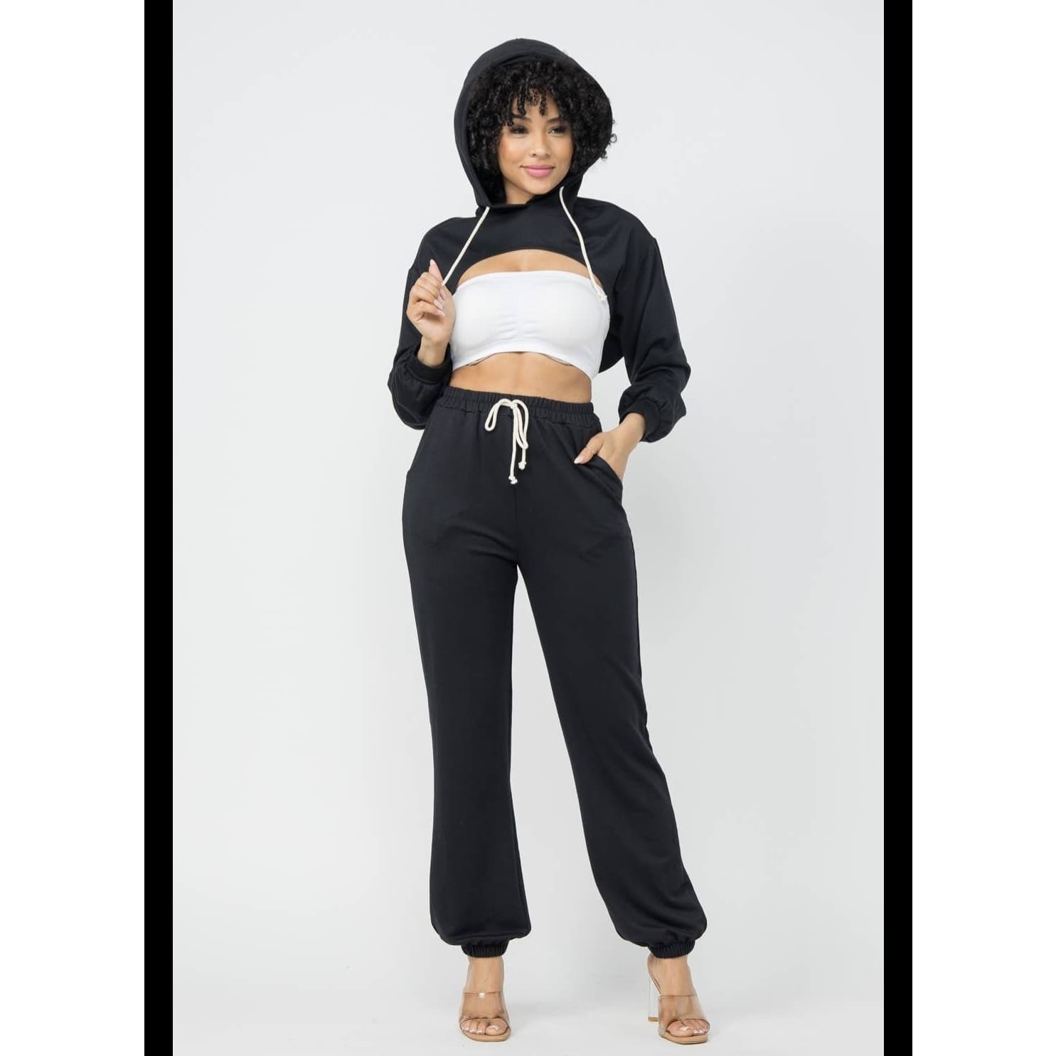 Dolls Kill Woman's Black Sweatpants with Crop Top Cut Out Hoodie - Size Large - Thumbnail 2