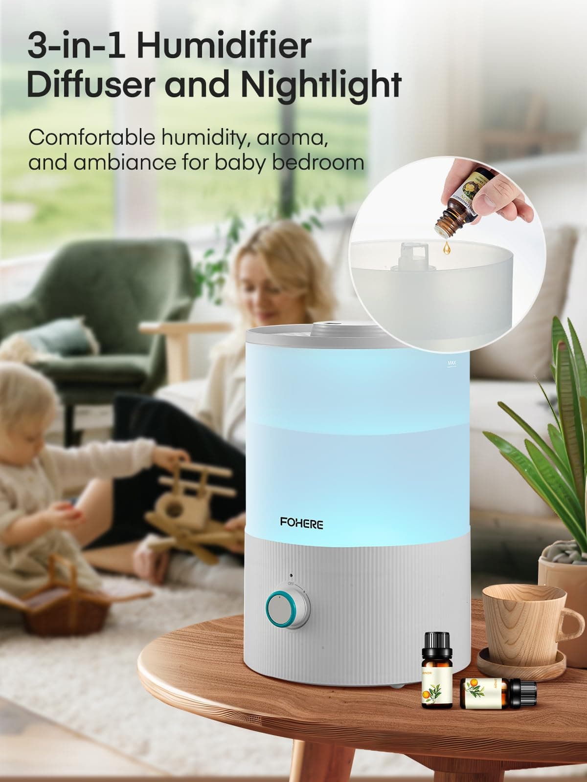 FOHERE Humidifier for Bedroom Baby, 3.2L Top Fill Cool Mist Humidifiers for Nursery, Home, 28H Ultra Quiet Runtime, Auto Shut-Off, Soft 7-Color Night Light, BPA-Free, Essential Oil Tray, White - Thumbnail 3