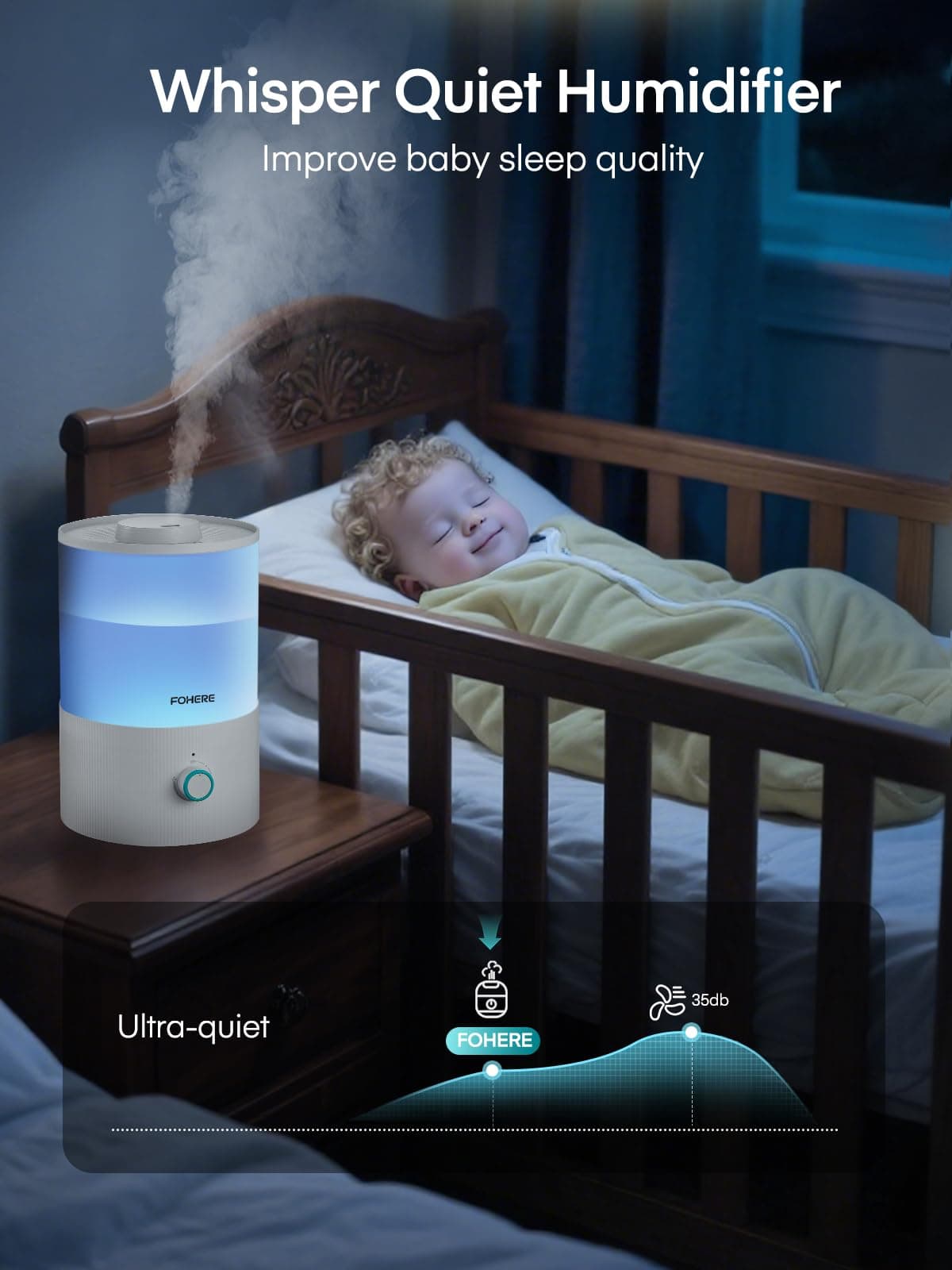 FOHERE Humidifier for Bedroom Baby, 3.2L Top Fill Cool Mist Humidifiers for Nursery, Home, 28H Ultra Quiet Runtime, Auto Shut-Off, Soft 7-Color Night Light, BPA-Free, Essential Oil Tray, White - Thumbnail 7