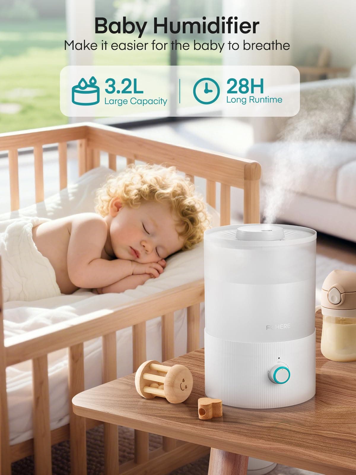 FOHERE Humidifier for Bedroom Baby, 3.2L Top Fill Cool Mist Humidifiers for Nursery, Home, 28H Ultra Quiet Runtime, Auto Shut-Off, Soft 7-Color Night Light, BPA-Free, Essential Oil Tray, White - Thumbnail 4