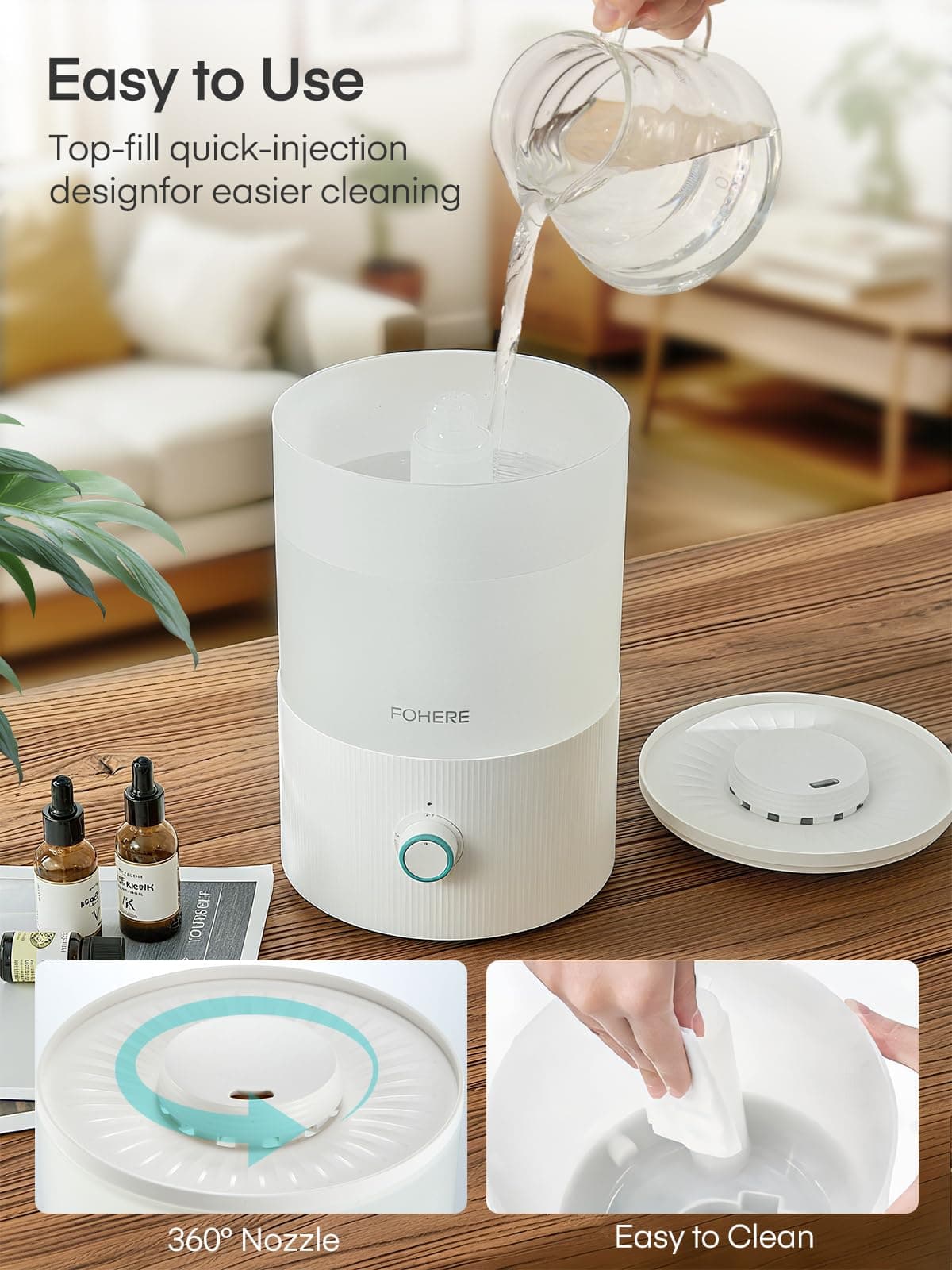 FOHERE Humidifier for Bedroom Baby, 3.2L Top Fill Cool Mist Humidifiers for Nursery, Home, 28H Ultra Quiet Runtime, Auto Shut-Off, Soft 7-Color Night Light, BPA-Free, Essential Oil Tray, White - Thumbnail 6