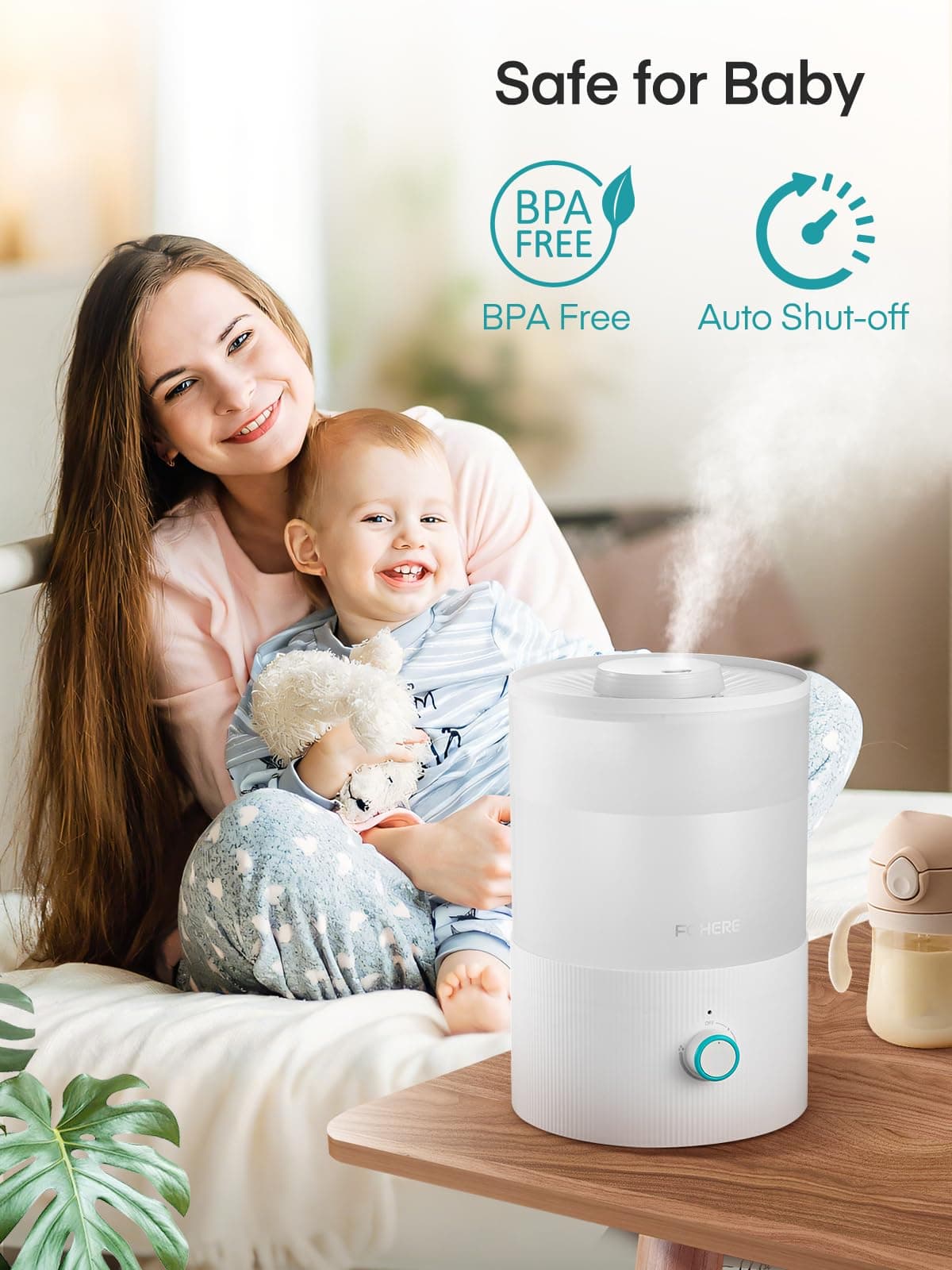 FOHERE Humidifier for Bedroom Baby, 3.2L Top Fill Cool Mist Humidifiers for Nursery, Home, 28H Ultra Quiet Runtime, Auto Shut-Off, Soft 7-Color Night Light, BPA-Free, Essential Oil Tray, White - Thumbnail 5