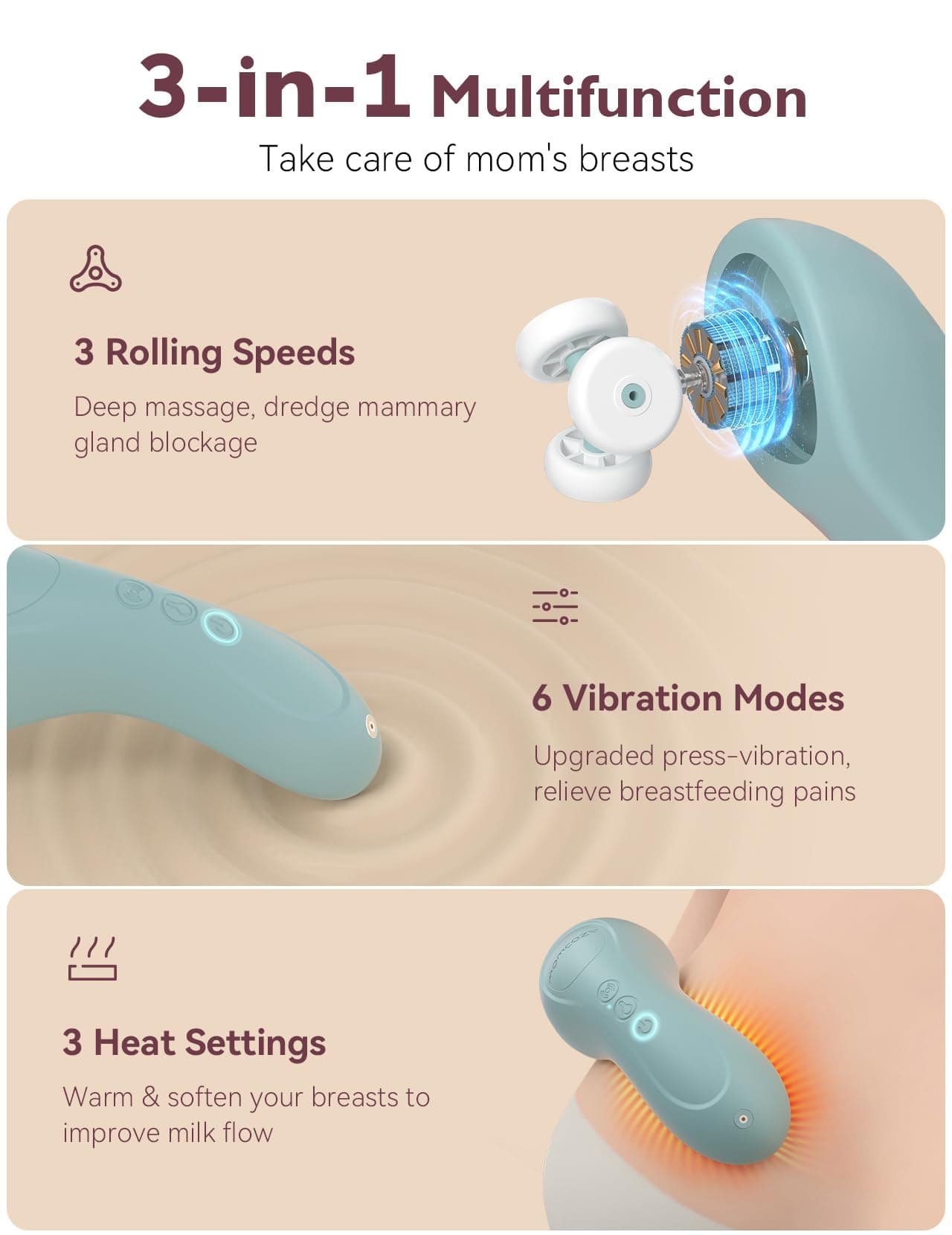 Momcozy Rolling Lactation Massager with Heat, 3-in-1 Real-Like Massage for Relieve Clogged Ducts, Breast Massager Warming for Breastfeeding, Improve Milk Flow, Blue-Green - Thumbnail 6
