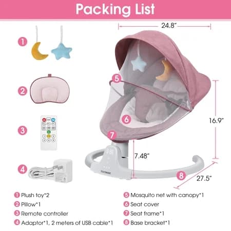 TEAYINGDE Baby Swing for Infants - APP Remote Bluetooth Control, 5 Speed Settings, 10 Lullabies, USB Plug (Pink) - Thumbnail 4