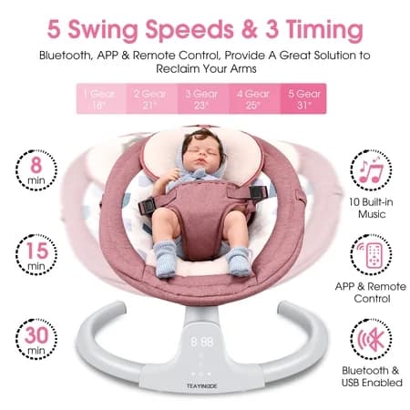 TEAYINGDE Baby Swing for Infants - APP Remote Bluetooth Control, 5 Speed Settings, 10 Lullabies, USB Plug (Pink) - Thumbnail 12
