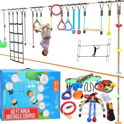 Hyponix Ninja Obstacle Course for Kids – 2 x 60 ft Slacklines with 13 Weatherproof Obstacles – Monkey Net, Ratchet-Tight Tech, Supports 880 lbs – Climbing & Swinging Backyard Fun - Thumbnail 4