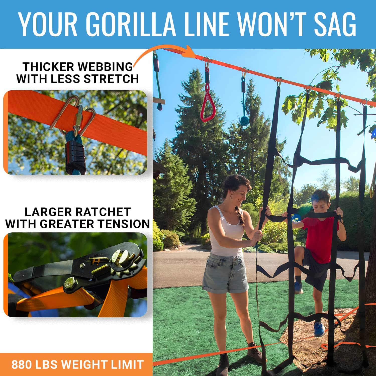 Hyponix Ninja Obstacle Course for Kids – 2 x 60 ft Slacklines with 13 Weatherproof Obstacles – Monkey Net, Ratchet-Tight Tech, Supports 880 lbs – Climbing & Swinging Backyard Fun - Thumbnail 5