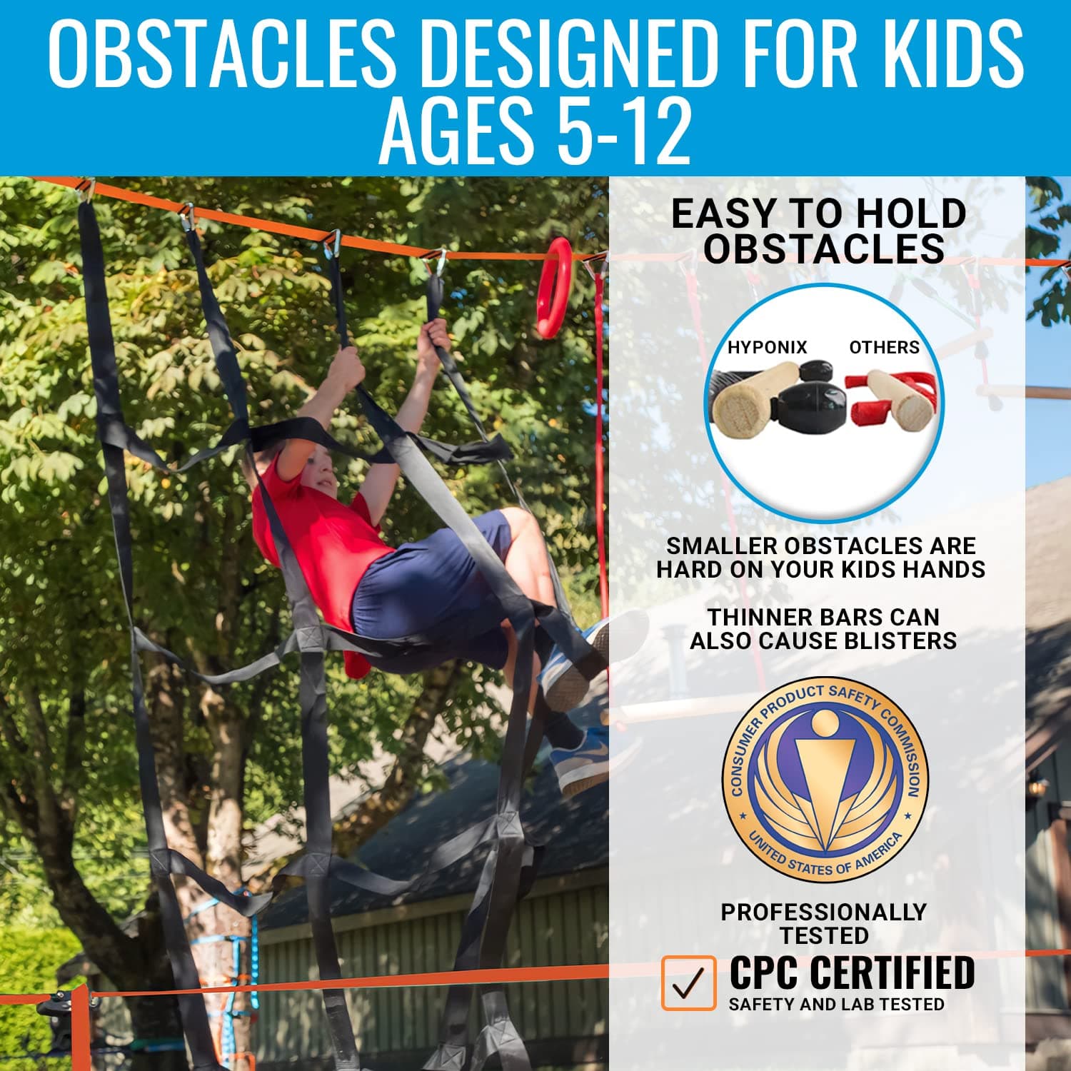 Hyponix Ninja Obstacle Course for Kids – 2 x 60 ft Slacklines with 13 Weatherproof Obstacles – Monkey Net, Ratchet-Tight Tech, Supports 880 lbs – Climbing & Swinging Backyard Fun - Thumbnail 9