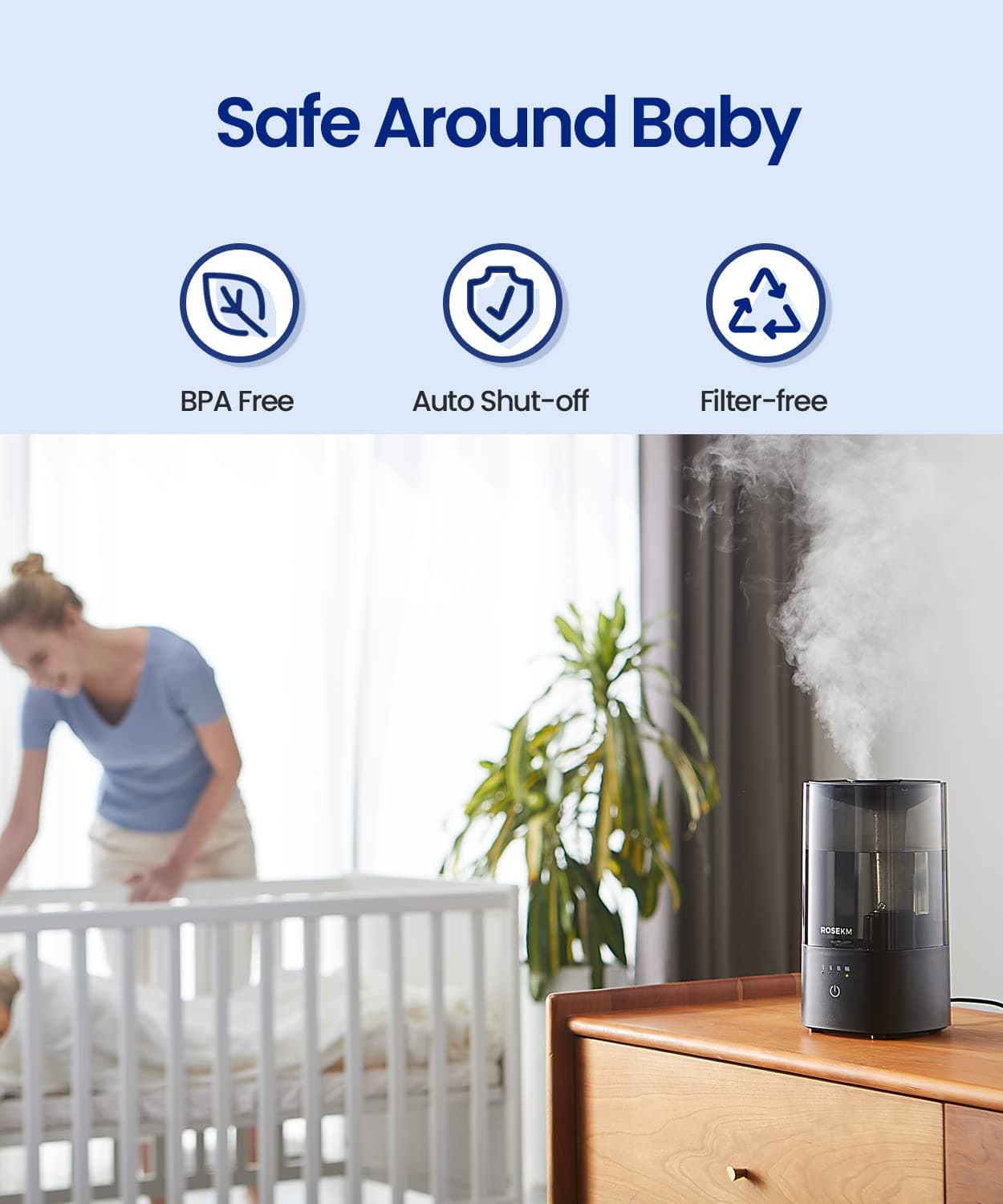 ROSEKM Humidifiers for Bedroom, 2.0L Cool Mist Humidifier for Home Plant and Baby Nursery, Quiet Ultrasonic Humidifier with 360° Nozzle, Auto Shut-Off, Filterless, Black - Thumbnail 4