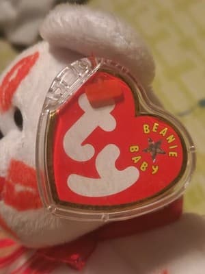 2000 Ty Beanie Baby Smooch Kisses White Teddy Bear Plush Animal Toy - Thumbnail 6