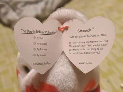 2000 Ty Beanie Baby Smooch Kisses White Teddy Bear Plush Animal Toy - Thumbnail 8