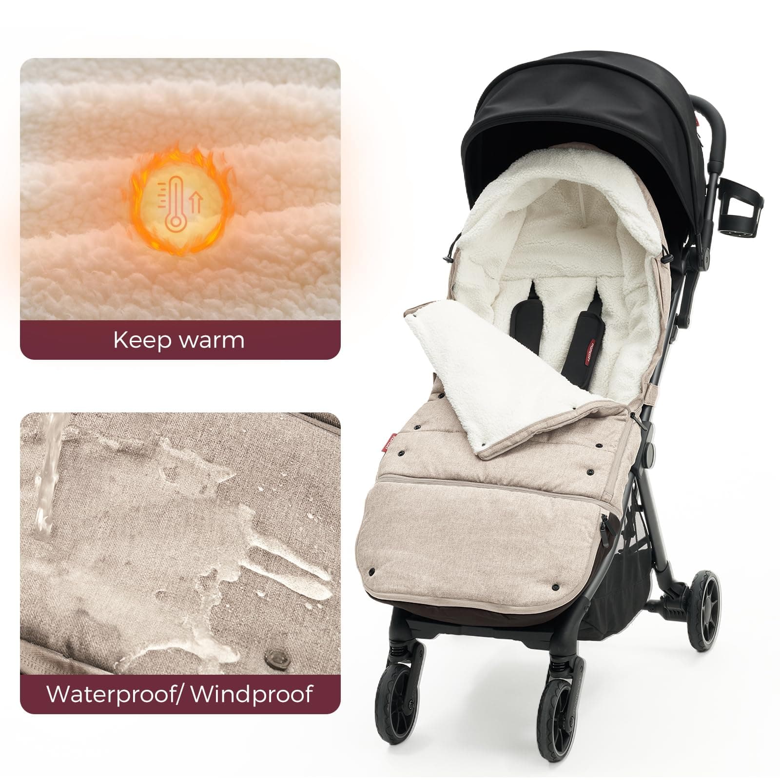 Beige Stroller Footmuff with Plush Lining - Thumbnail 5