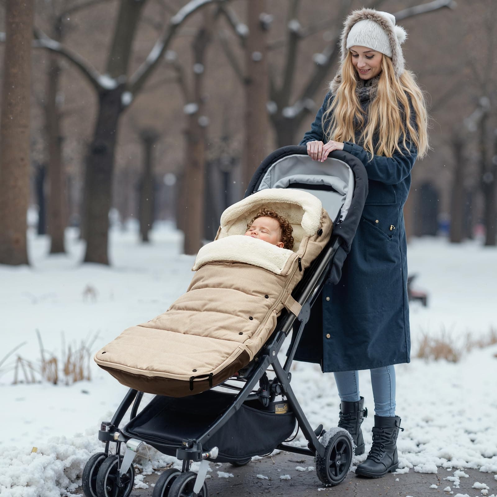 Beige Stroller Footmuff with Plush Lining - Thumbnail 6