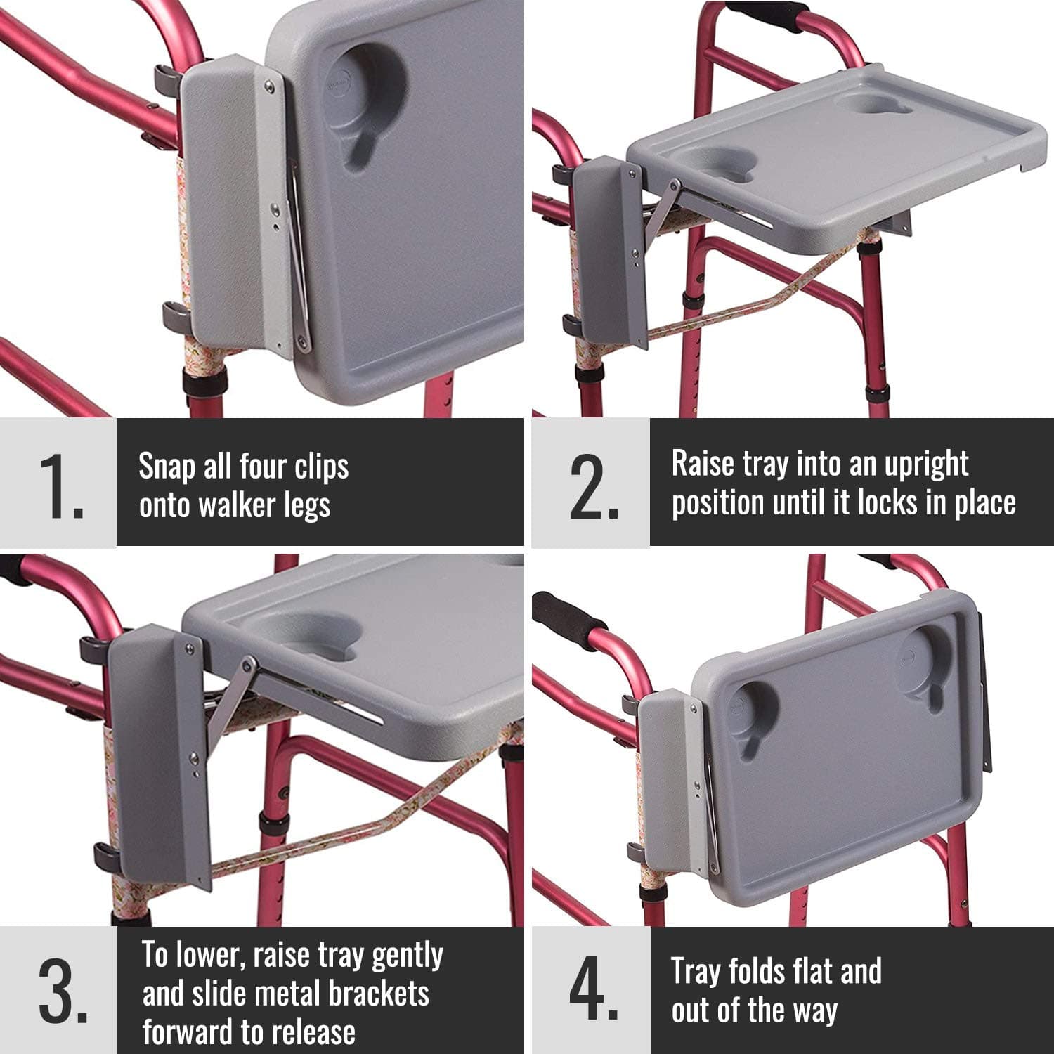 DMI Walker Tray, Rollator Tray, Mobility and Walker Accessory Tray Table Fits Most Standard Walkers, Folding with Two Cup Holders and Tool Free Assembly, 16 x 11.8 inch - Thumbnail 10