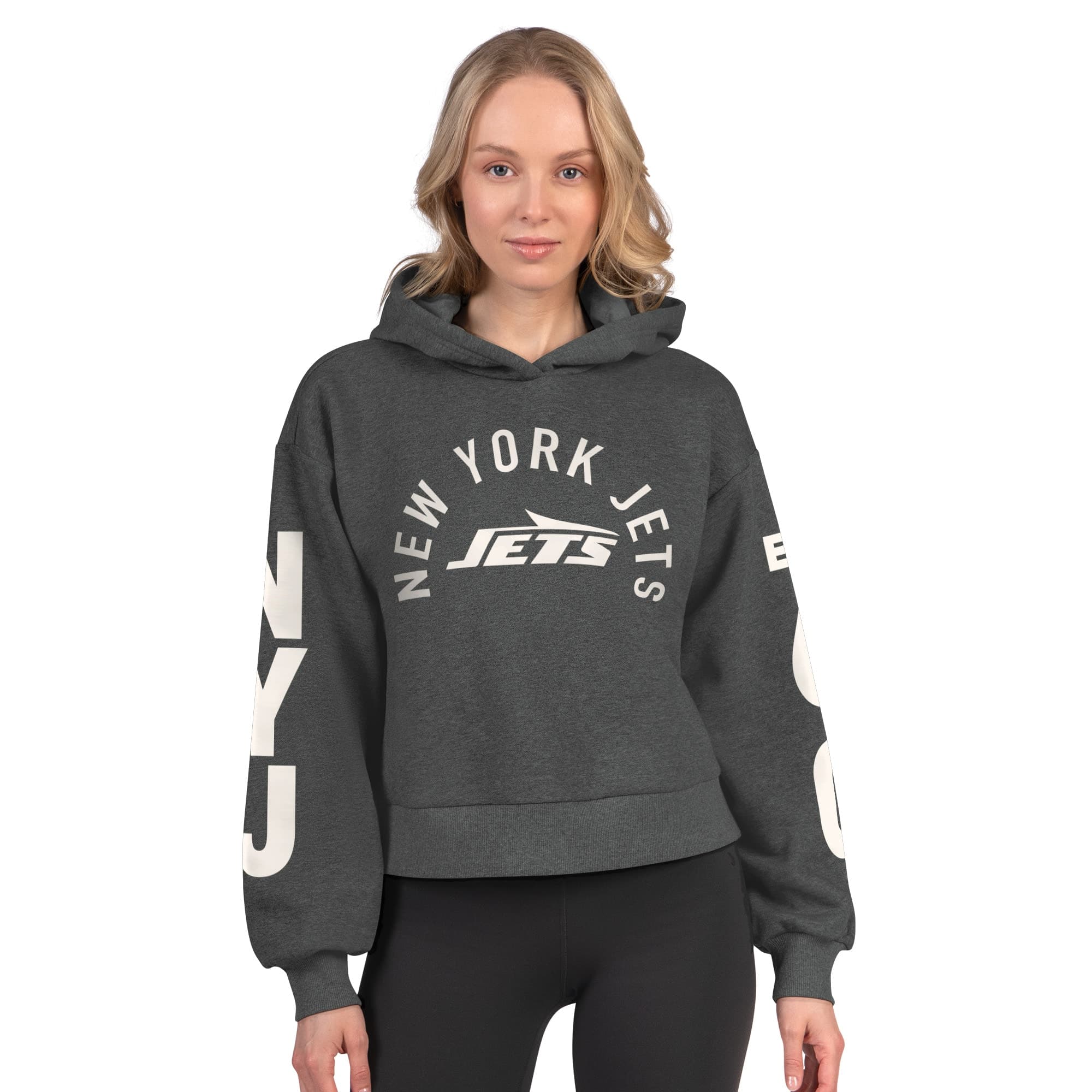 New York Jets Starter Women's Star Player Cropped Fleece Pullover Hoodie - Charcoal | Size Small