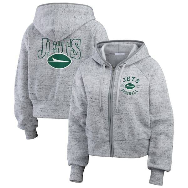New York Jets WEAR by Erin Andrews Women's Speckled Fleece Cropped Full-Zip Hoodie - Heather Gray | Size Small - Thumbnail 2