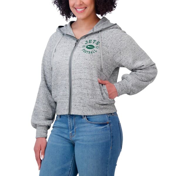 New York Jets WEAR by Erin Andrews Women's Speckled Fleece Cropped Full-Zip Hoodie - Heather Gray | Size Small - Thumbnail 5