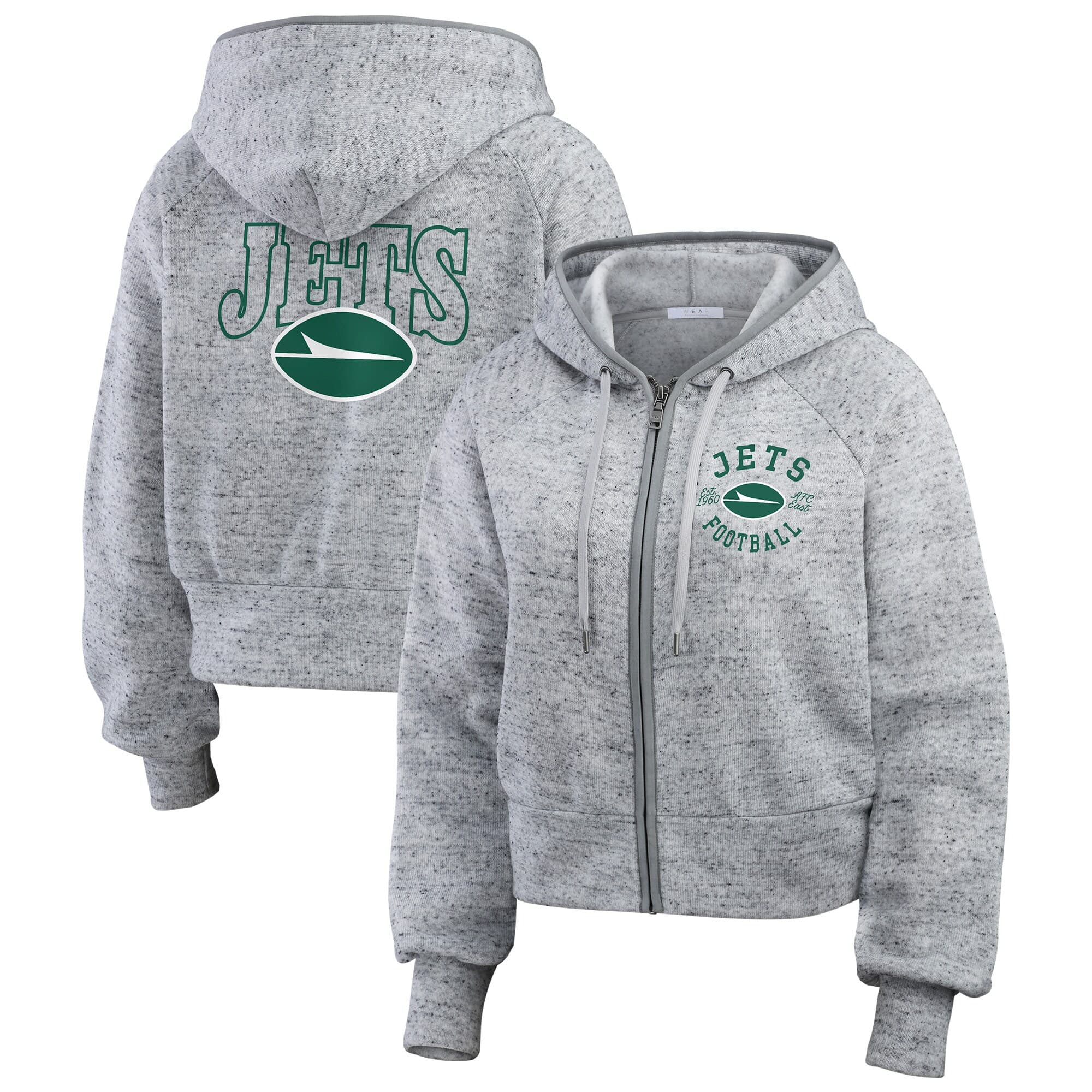 New York Jets WEAR by Erin Andrews Women's Speckled Fleece Cropped Full-Zip Hoodie - Heather Gray | Size Small