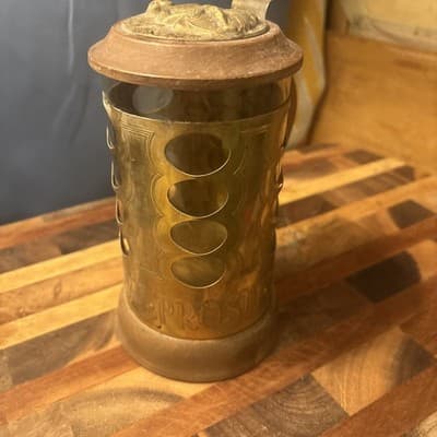 Vintage Swedish Brass Beer Stein Glass Liner Wood Handle Lid Made in Sweden MCM - Thumbnail 2