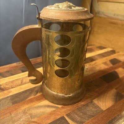 Vintage Swedish Brass Beer Stein Glass Liner Wood Handle Lid Made in Sweden MCM - Thumbnail 3