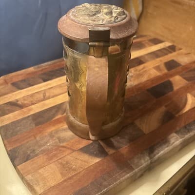 Vintage Swedish Brass Beer Stein Glass Liner Wood Handle Lid Made in Sweden MCM - Thumbnail 4