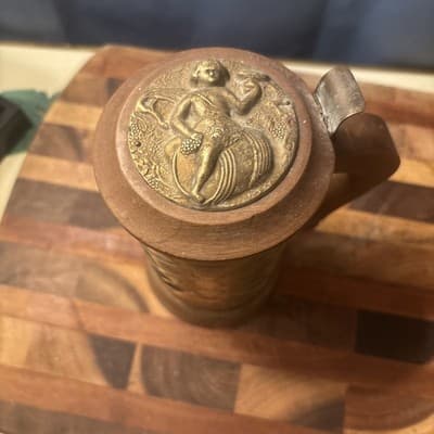 Vintage Swedish Brass Beer Stein Glass Liner Wood Handle Lid Made in Sweden MCM