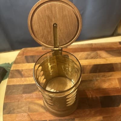 Vintage Swedish Brass Beer Stein Glass Liner Wood Handle Lid Made in Sweden MCM - Thumbnail 6