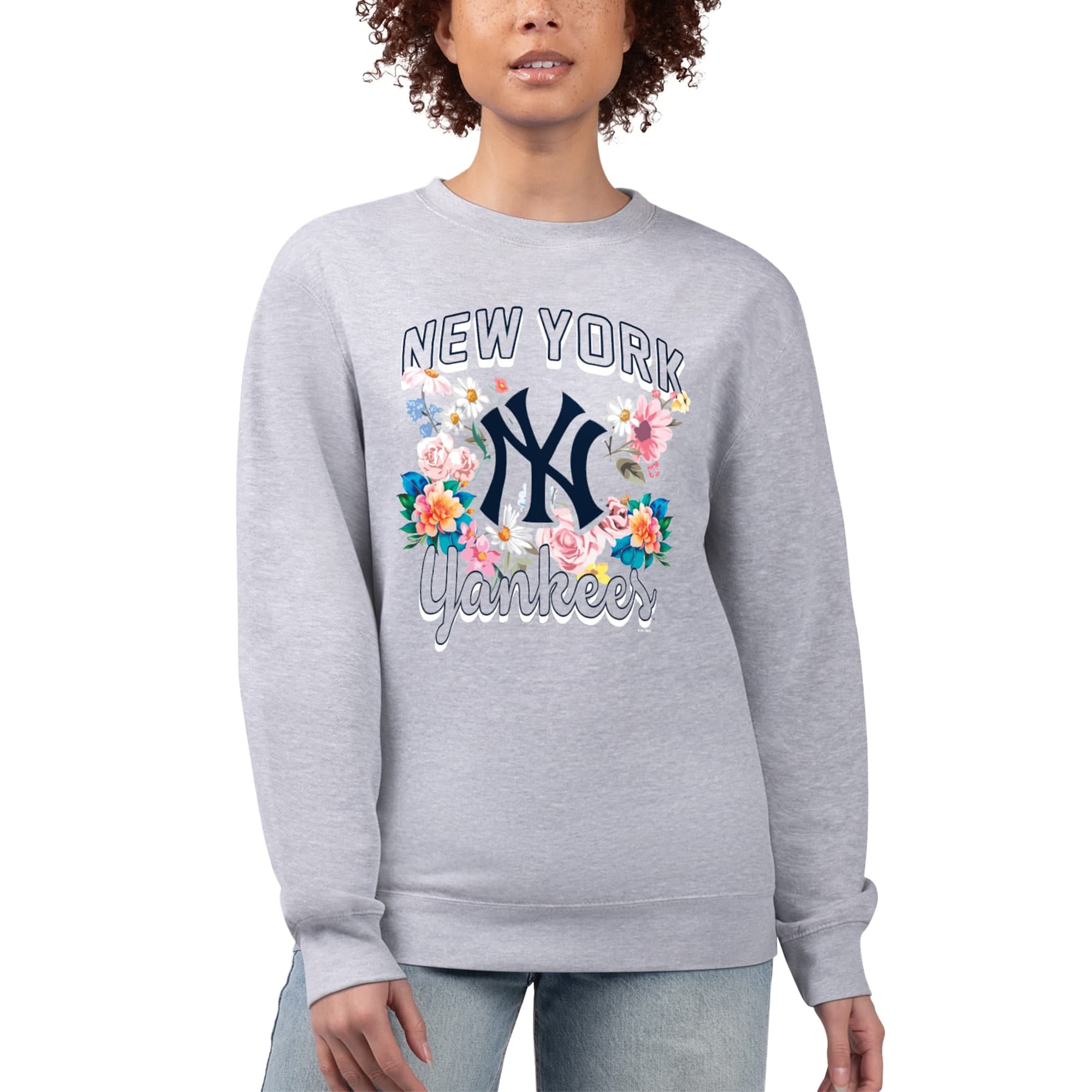 New York Yankees G-III 4Her by Carl Banks Women's Flowers Graphic Pullover Sweatshirt - Heather Gray | Size Small