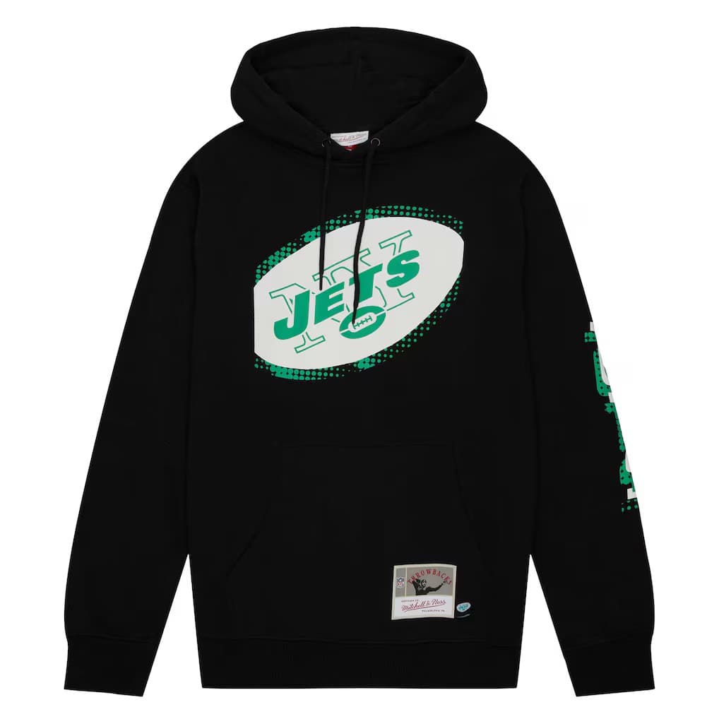 New York Jets Mitchell & Ness Gridiron Classics Big Face 7.0 Pullover Hoodie - Black | Size Small