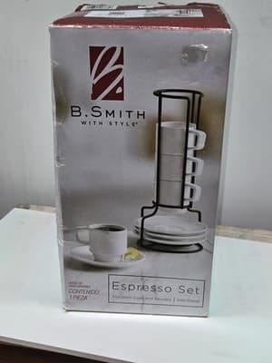 B. Smoth Porcelain Espresso Set, 3 oz Stackable Cups with Saucers Metal Stand