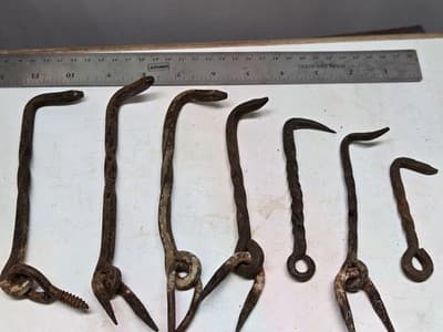 Lot Of 7 Antique Gate Hooks Iron Hand-Wrought Pre-1890 Twisted Shafts - Thumbnail 14