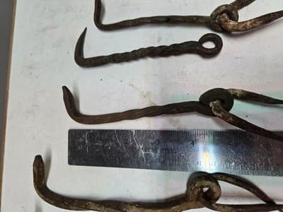 Lot Of 7 Antique Gate Hooks Iron Hand-Wrought Pre-1890 Twisted Shafts - Thumbnail 3