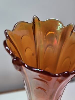 Vintage Orange Iridescent Carnival Glass 10 inch Vase Trumpet Flared Art Glass - Thumbnail 10