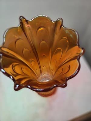 Vintage Orange Iridescent Carnival Glass 10 inch Vase Trumpet Flared Art Glass - Thumbnail 11