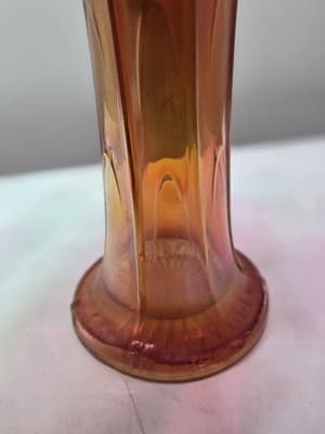 Vintage Orange Iridescent Carnival Glass 10 inch Vase Trumpet Flared Art Glass - Thumbnail 6