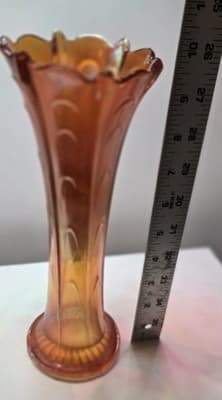 Vintage Orange Iridescent Carnival Glass 10 inch Vase Trumpet Flared Art Glass - Thumbnail 3