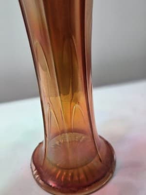 Vintage Orange Iridescent Carnival Glass 10 inch Vase Trumpet Flared Art Glass - Thumbnail 5