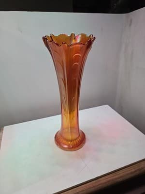 Vintage Orange Iridescent Carnival Glass 10 inch Vase Trumpet Flared Art Glass - Thumbnail 2