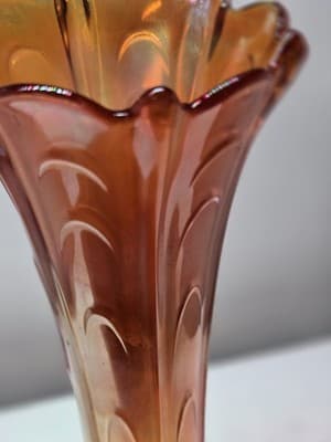 Vintage Orange Iridescent Carnival Glass 10 inch Vase Trumpet Flared Art Glass - Thumbnail 8