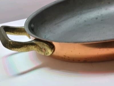 VTG Tagus Chef Copper Oval Sauté Fish Gratin Pan 10" Brass Handles Made Portugal - Thumbnail 2