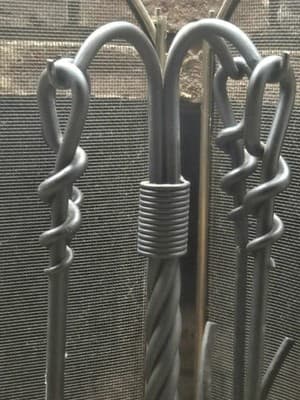 Vintage Wrought Iron Fireplace Tool Set - Twisted Rope Shepherd Hook Hearth 5-Pc - Thumbnail 9
