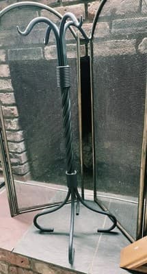 Vintage Wrought Iron Fireplace Tool Set - Twisted Rope Shepherd Hook Hearth 5-Pc - Thumbnail 4