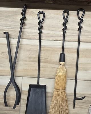 Vintage Wrought Iron Fireplace Tool Set - Twisted Rope Shepherd Hook Hearth 5-Pc - Thumbnail 2